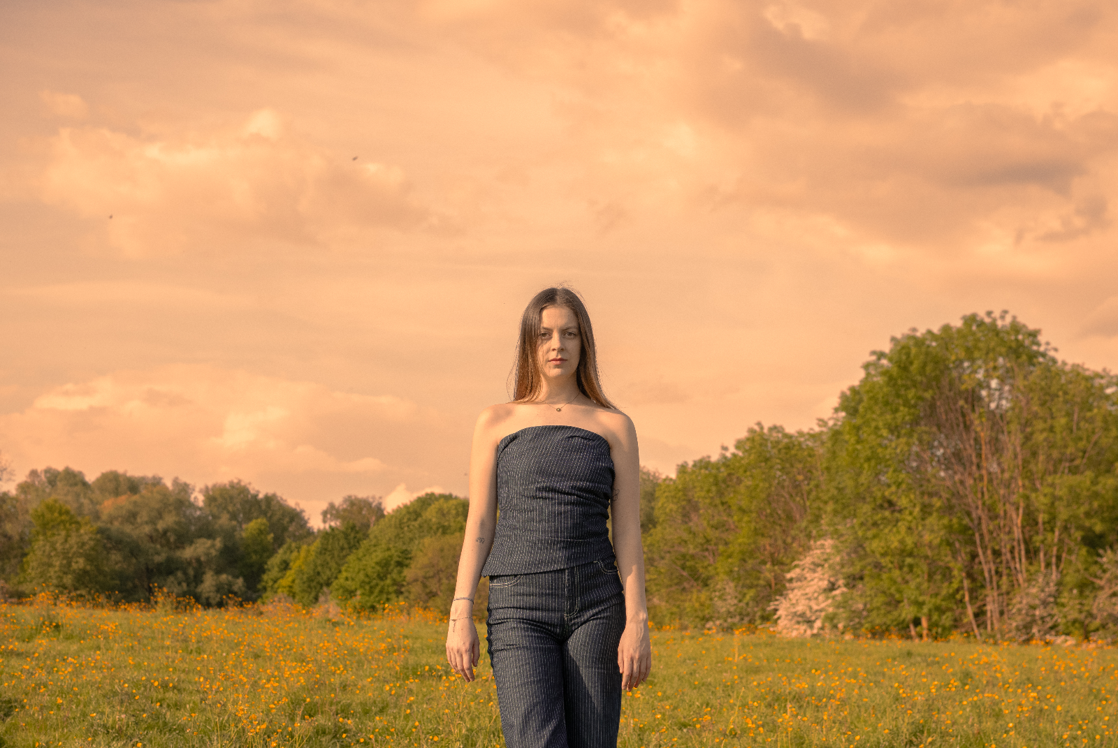 Portrait frontal dans le champ au crépuscule